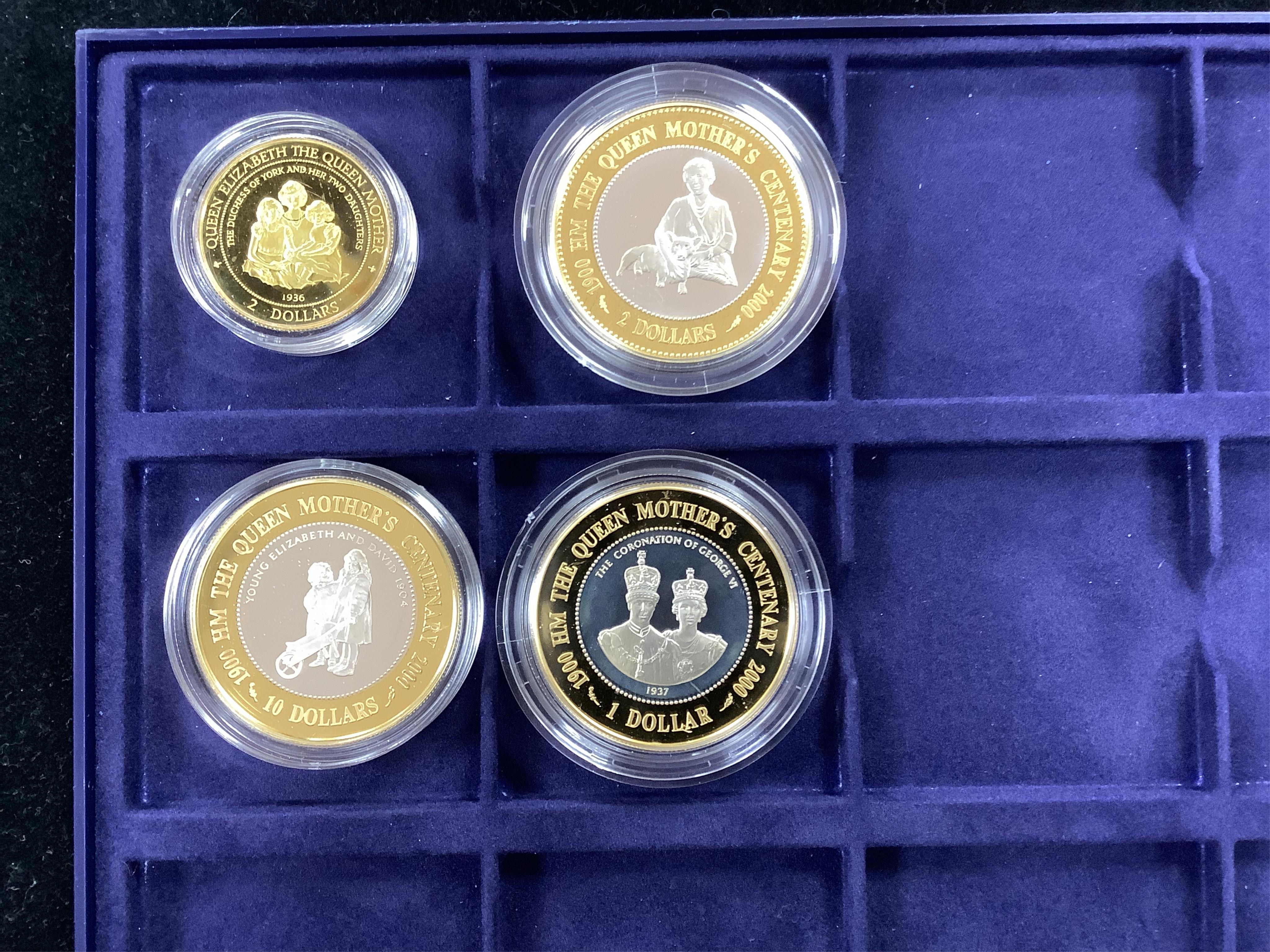 British and Commonwealth commemorative coins, MDM Crown collection HM Queen Elizabeth the Queen Mother, comprising Vanuatu proof silver 100 vatu coin, 155.5g, and four proof silver coins ranging from 15.98 to 31. 47g and